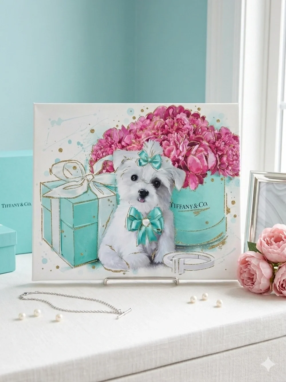 Design District Studio Canvas Wall Art | Luxury Dog & Tiffany Blue Gift Box